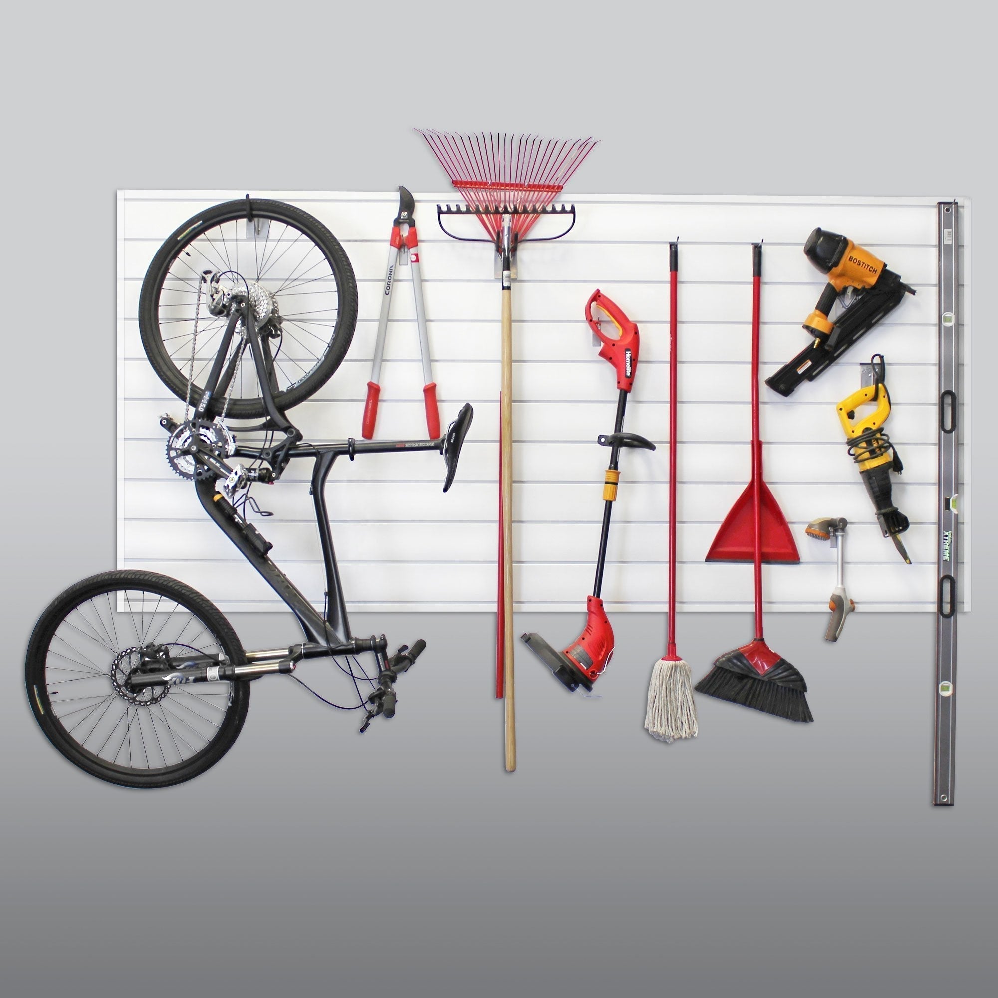Best Slatwall garage storage system. Durable PVC. Strong Slatwall with a lifetime warranty. 4x8 ft Slatwall Section. White Slatwall. White Slat board . Perfect for garage tool storage. Garage wall organization. Bike hook. Bike storage. Bike wall storage. Bike wall hook. Broom hook.