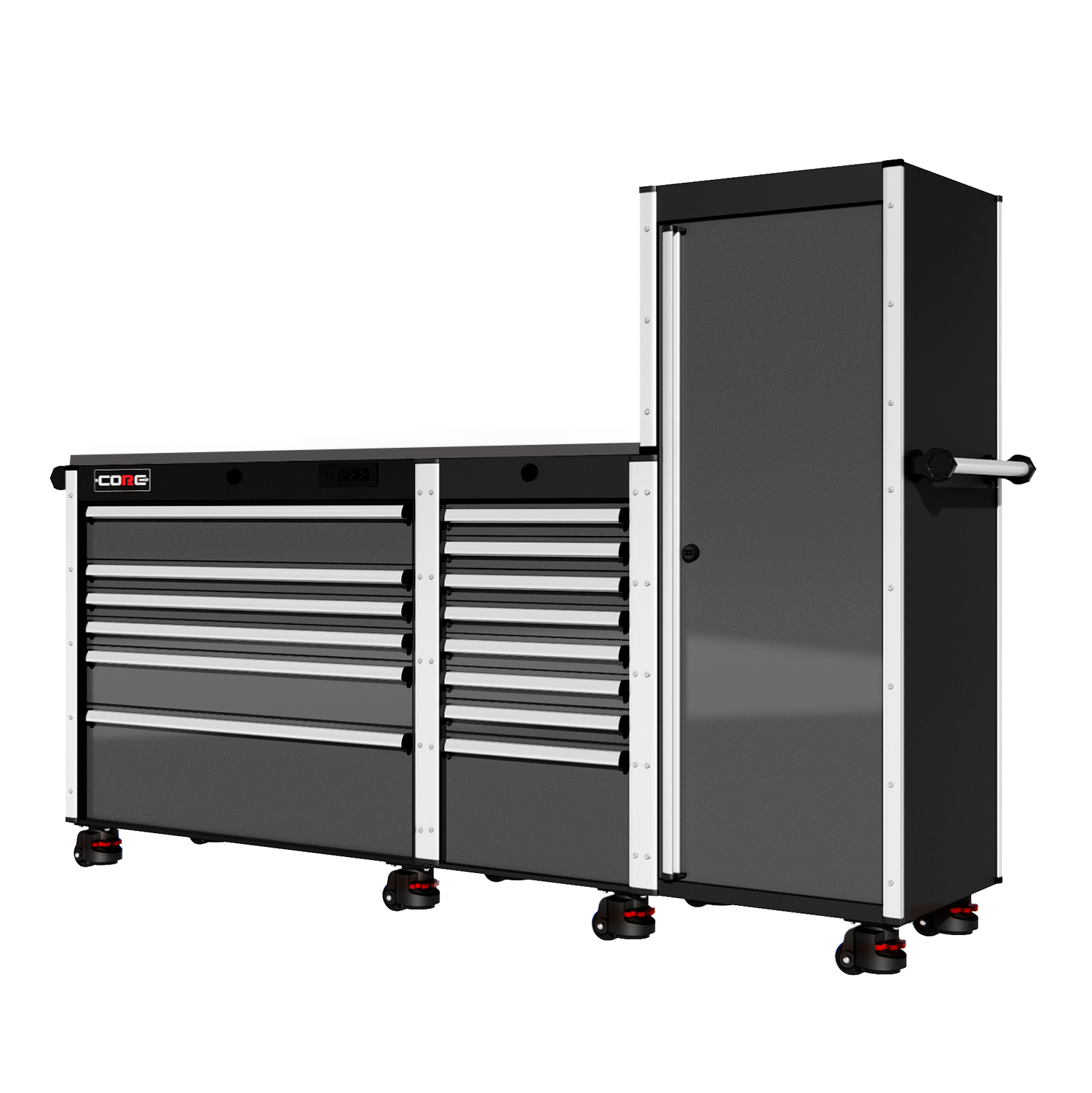 88 Series - 13 Drawers with Tall Locker - Silver Handles - Foot Casters